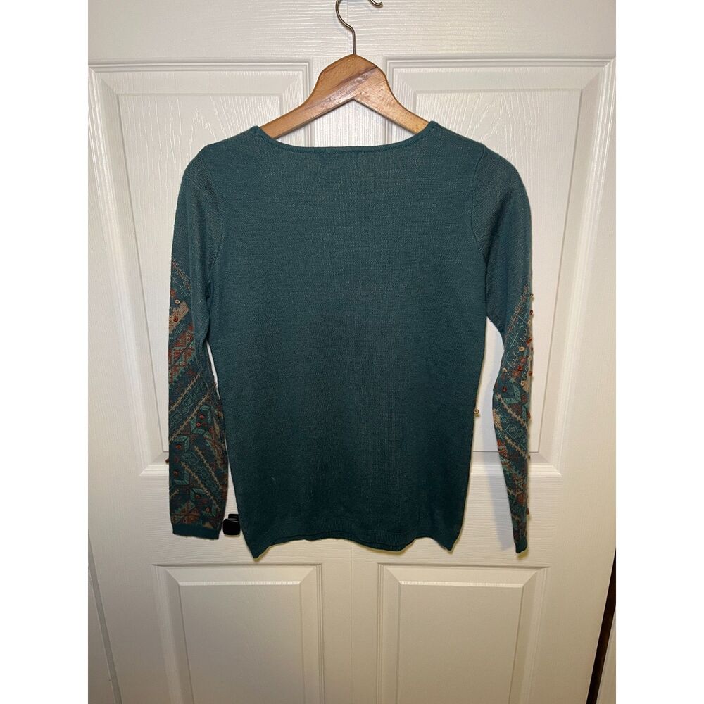 Forever 21 Contemporary Women’s Boho Aztec Sweater Small Teal Beaded Knit Top